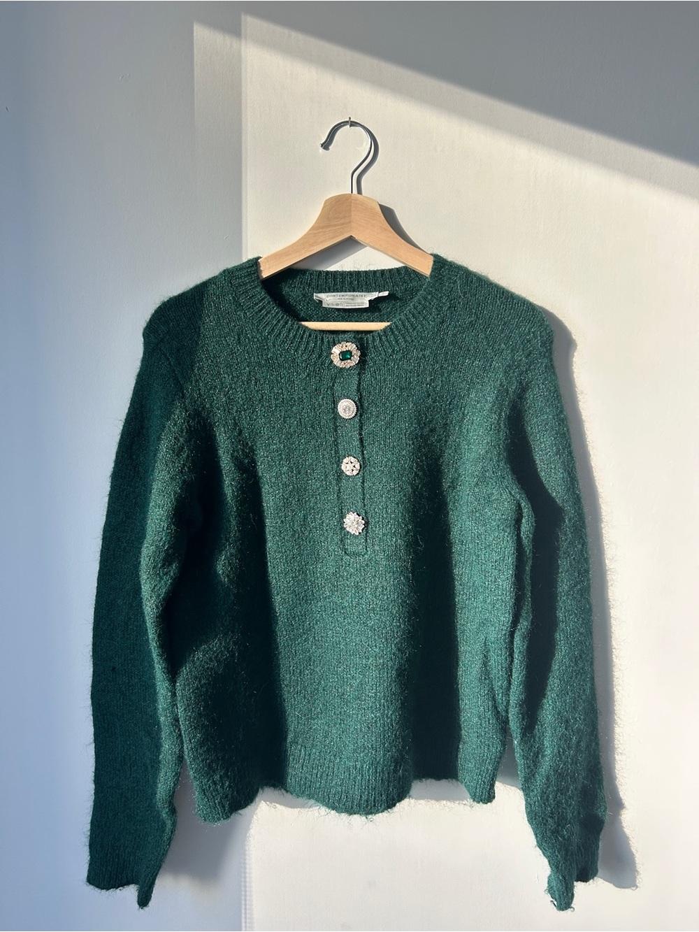 Simons Deep Green Crewneck Sweater with Decorative Buttons